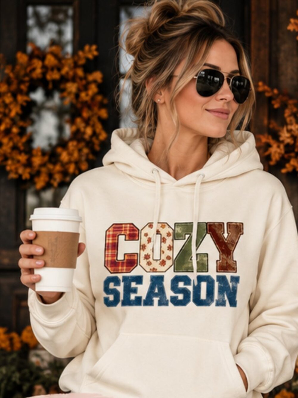Cozy Season Vintage Patchwork Lightweight Hoodie | Fall Sweatshirt